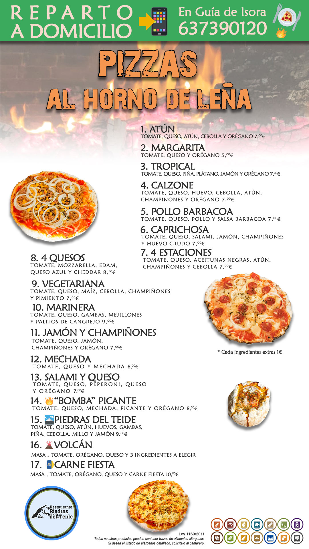 Carta de Pizzas Restaurante Piedras del Teide
